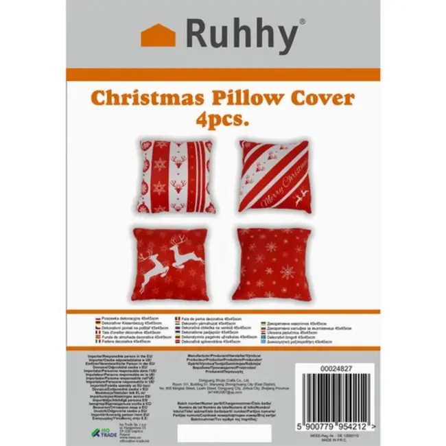 Ruhhy Kerst Kussenhoezen Set – 4 Stuks, Fluwelen Afwerking, 45x45 cm – Perfect voor Feestelijke Decoratie