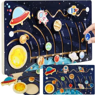 Kruzzel Montessori Houten Puzzel "Zonnestelsel" – Educatief Speelgoed met Beweegbare Elementen