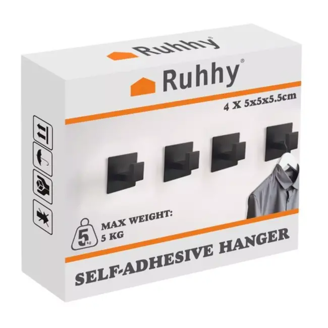Ruhhy Zelfklevende Haken Set – 4 Mat Zwarte Haken voor Badkamer en Keuken