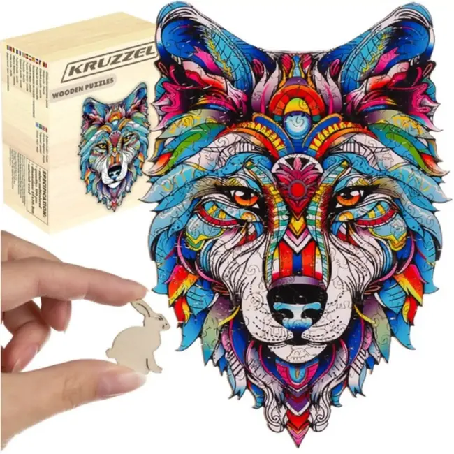 Kruzzel Houten Wolf Puzzel – 170 Stukken – Kleurrijke en Unieke Decoratieve Puzzel