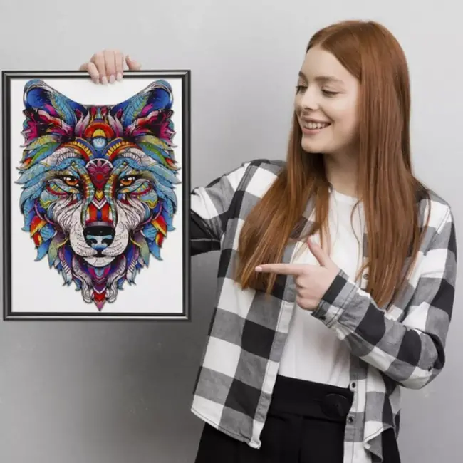 Kruzzel Houten Wolf Puzzel – 170 Stukken – Kleurrijke en Unieke Decoratieve Puzzel