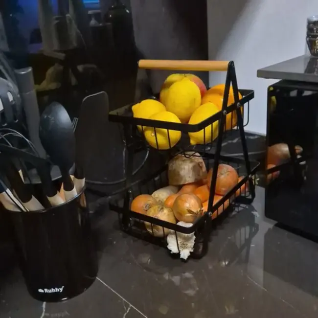 Ruhhy Tweelaagse Fruitmand - Moderne Metalen Groentemand met Houten Handgreep, Matzwart