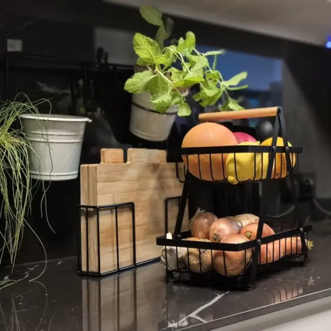 Ruhhy Tweelaagse Fruitmand - Moderne Metalen Groentemand met Houten Handgreep, Matzwart