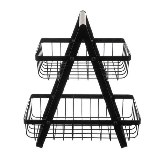 Ruhhy Tweelaagse Fruitmand - Moderne Metalen Groentemand met Houten Handgreep, Matzwart