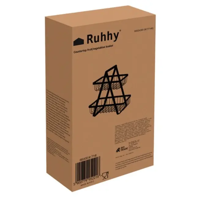 Ruhhy Tweelaagse Fruitmand - Moderne Metalen Groentemand met Houten Handgreep, Matzwart