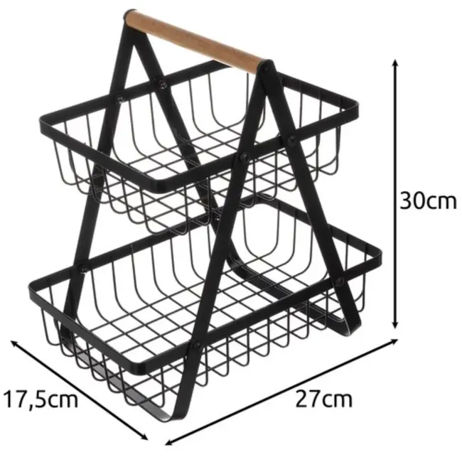 Ruhhy Tweelaagse Fruitmand - Moderne Metalen Groentemand met Houten Handgreep, Matzwart