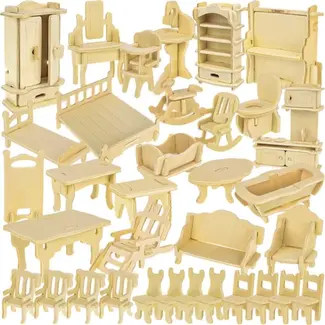 Kruzzel Houten Poppenmeubel Set - 34 Delige DIY Meubelset voor Poppenhuis