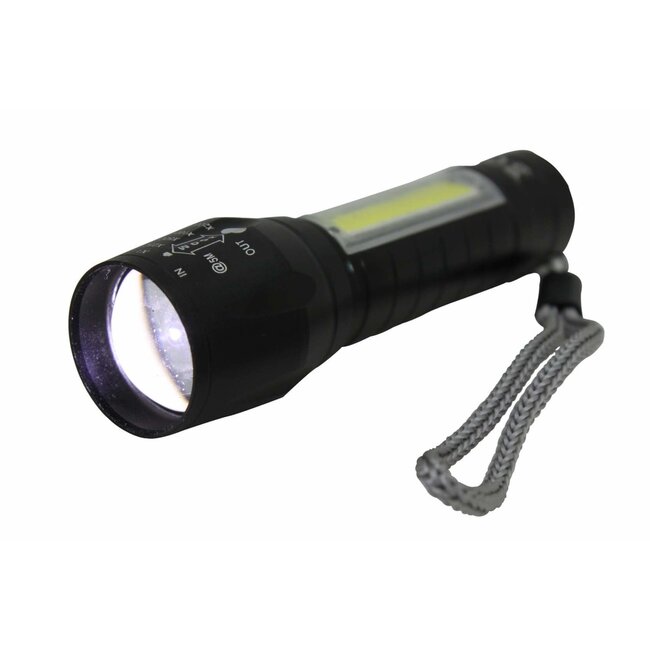 Hofftech Tactical zaklamp - zoomfunctie - LED COB - oplaadbaar - 10 cm - zwart