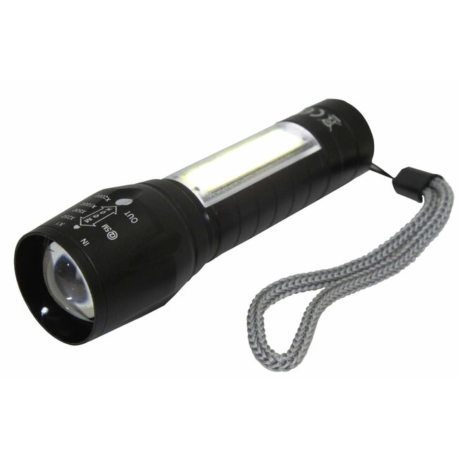 Hofftech Tactical zaklamp - zoomfunctie - LED COB - oplaadbaar - 10 cm - zwart