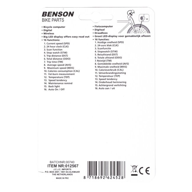 Benson Draadloze fietscomputer - 16 functies - groot LCD display - zwart