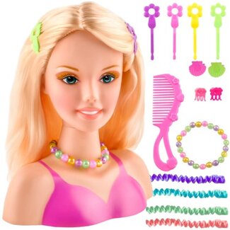 Kruzzel Roterend kapsalonhoofd 9,5 x 18,5 x 20 cm met 8 haarclips en 4 gekleurde haarlokken