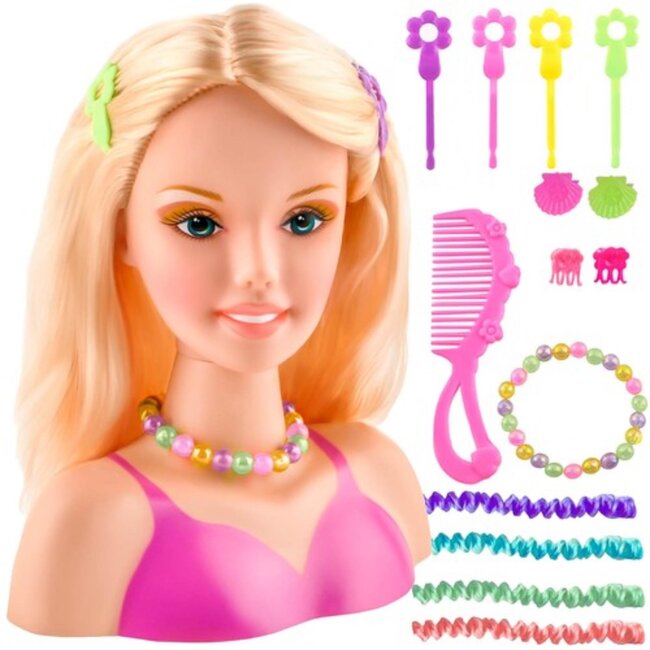 Kruzzel Roterend kapsalonhoofd 9,5 x 18,5 x 20 cm met 8 haarclips en 4 gekleurde haarlokken