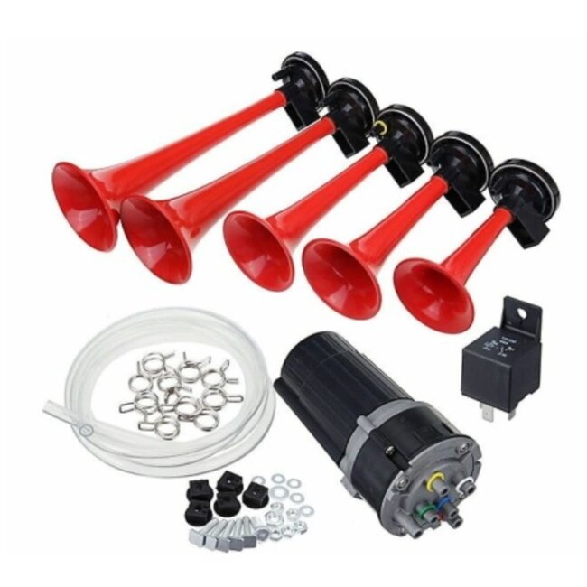 Dragon-Tools Luchthoornset - pvc - 5-tonig La Cucaracha - rood - 5 stuks - 12 volt compressor - voor auto, vrachtwagen en tractor