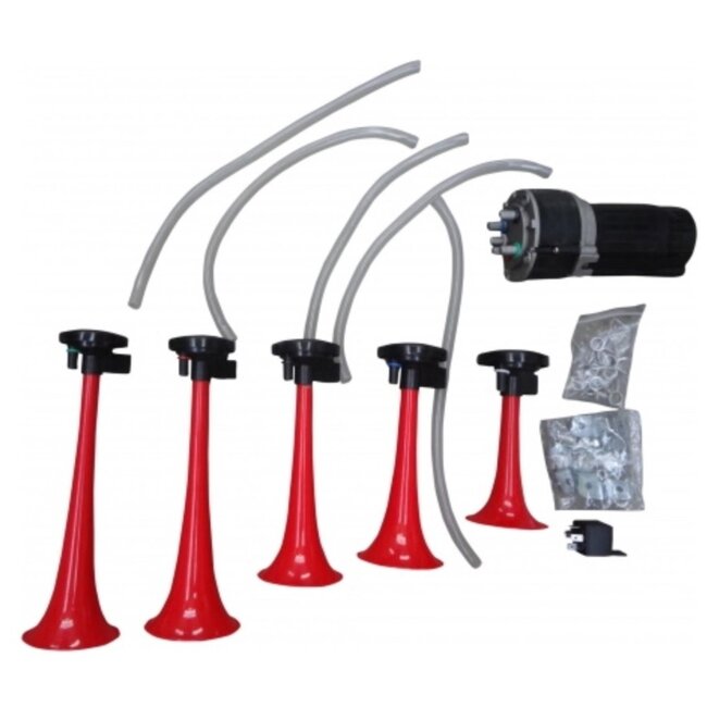 Dragon-Tools Luchthoornset - pvc - 5-tonig La Cucaracha - rood - 5 stuks - 12 volt compressor - voor auto, vrachtwagen en tractor