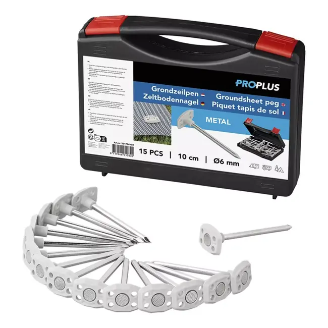 ProPlus Grondzeilpen Metaal - Ø6 mm - Set van 15 stuks met koffer - Voor veilige bevestiging van grondzeilen