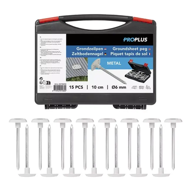 ProPlus Grondzeilpen Metaal - Ø6 mm - Set van 15 stuks met koffer - Voor veilige bevestiging van grondzeilen