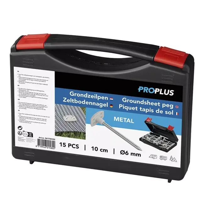ProPlus Grondzeilpen Metaal - Ø6 mm - Set van 15 stuks met koffer - Voor veilige bevestiging van grondzeilen