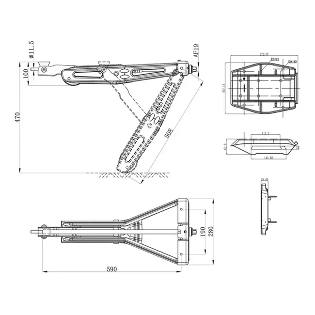 ProPlus Caravanhoeksteun - 1000 kg draagkracht - Verzinkt staal - Inclusief stabilisatievoet - 605x280 mm - Hoogte 470 mm