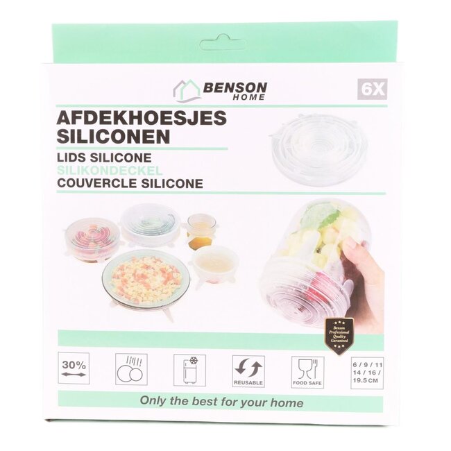 Benson Rekbare siliconen afdekhoesjes - 6 maten - vaatwasserbestendig - set van 6 stuks