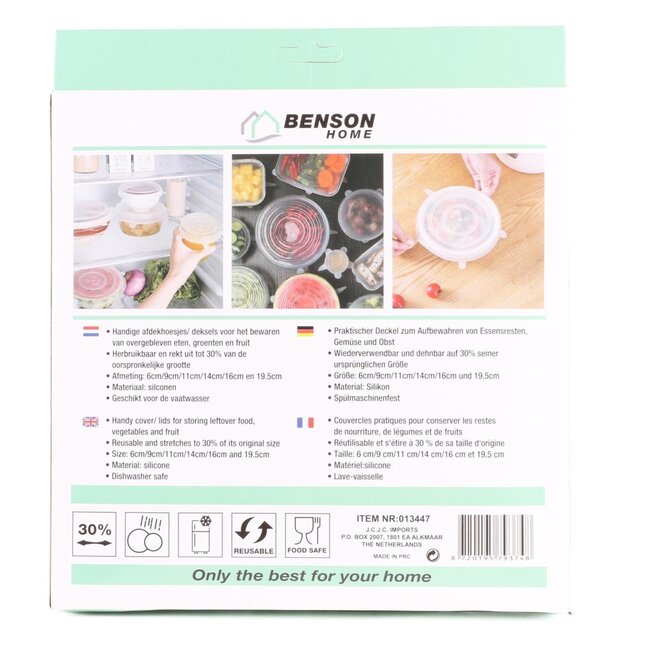 Benson Rekbare siliconen afdekhoesjes - 6 maten - vaatwasserbestendig - set van 6 stuks