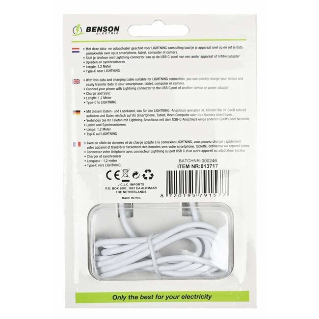 Benson Type C naar Lightning kabel - 1.2 meter - wit - snelle dataoverdracht - 2A