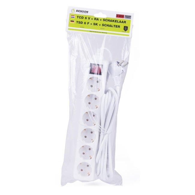 Benson Stekkerdoos - 6-voudig - Schakelaar - Randaarde - 5 meter - Wit