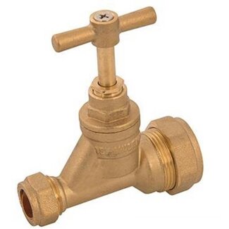 Plumbob stopkraan knelkoppeling - messing - 15 mm koper x 25 mm PE-MD - afsluiten en regelen - messingkleurig - waterleiding