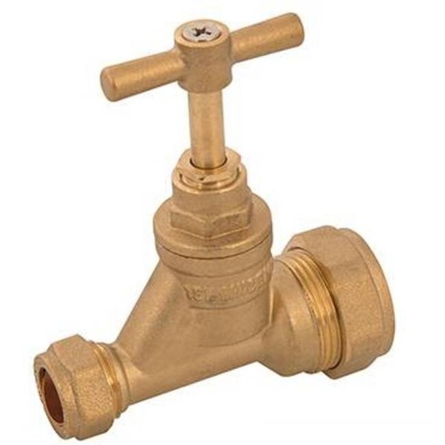 Plumbob stopkraan knelkoppeling - messing - 15 mm koper x 25 mm PE-MD - afsluiten en regelen - messingkleurig - waterleiding