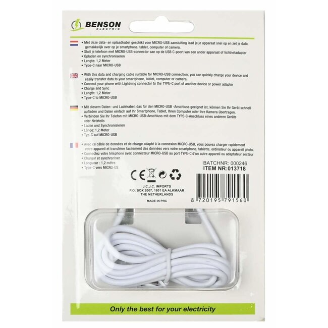 Benson Type C naar Micro USB kabel - 1.2 meter - wit - duurzaam en stijlvol