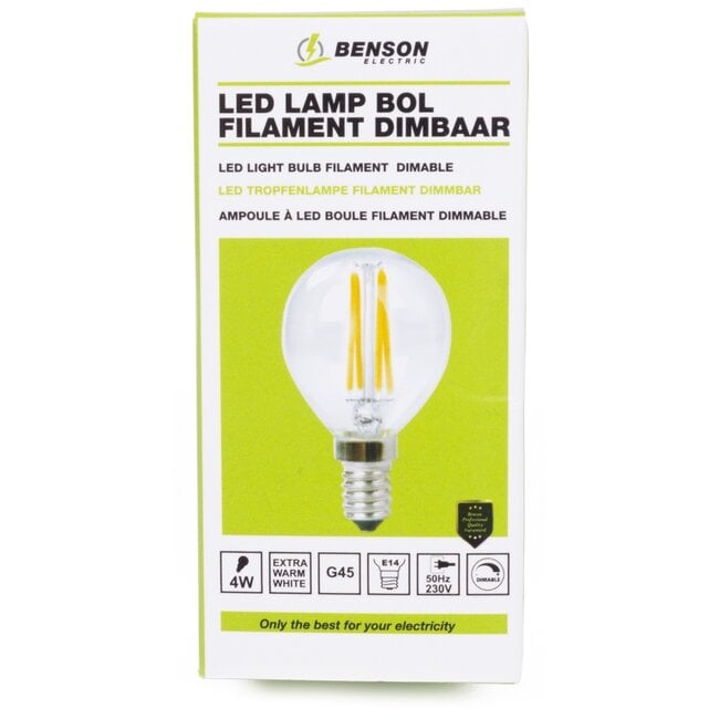 Benson Dimbare LED Filament Lamp - Warmwit 2500K - E14 - 4W - Helder Bol - 230V