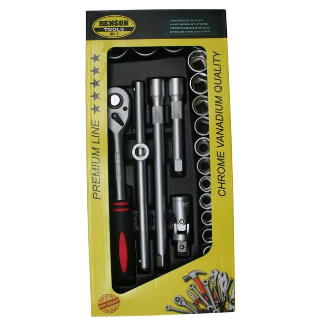 Benson Gevulde gereedschapswagen - dopsleutelset 22-delig - ABS kunststof bak - chroom vanadiumstaal