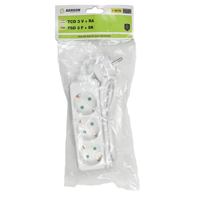 Benson 3-voudige stekkerdoos - randaarde - 1 meter kabel - wit