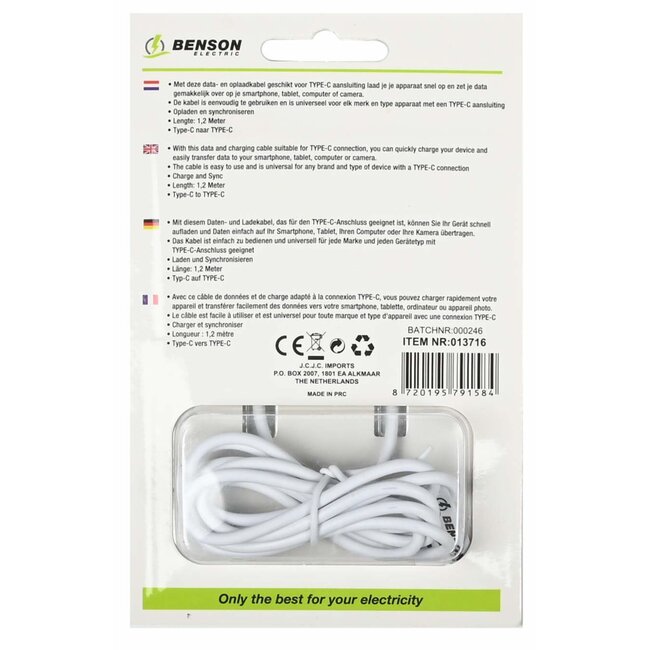 Benson Type C naar Type C kabel - 1.2 meter - Wit - 2A - PVC en koper