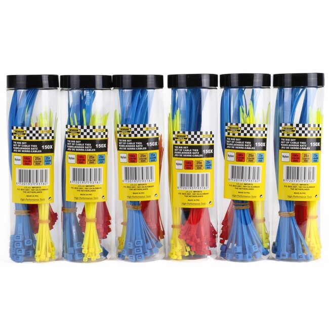 Benson Tie ribs set - 150 stuks - rood, geel, blauw - diverse maten