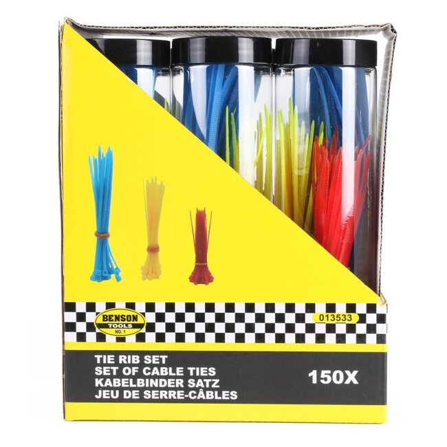 Benson Tie ribs set - 150 stuks - rood, geel, blauw - diverse maten