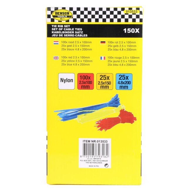 Benson Tie ribs set - 150 stuks - rood, geel, blauw - diverse maten