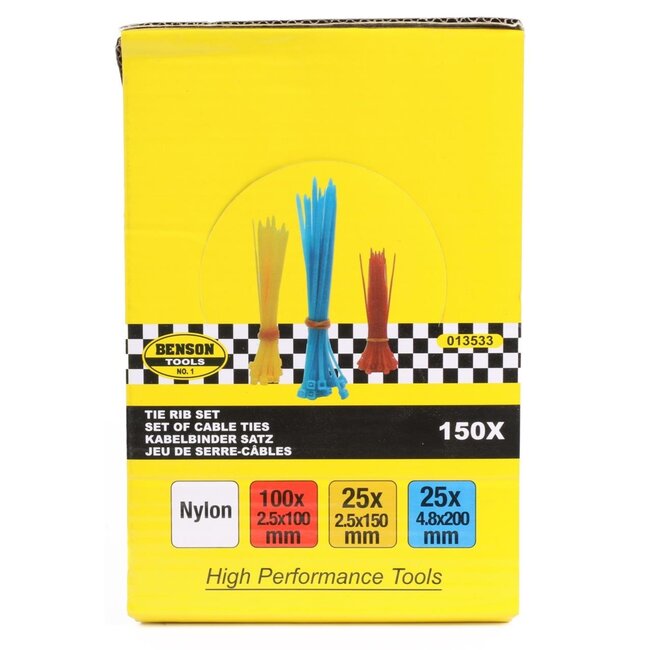 Benson Tie ribs set - 150 stuks - rood, geel, blauw - diverse maten