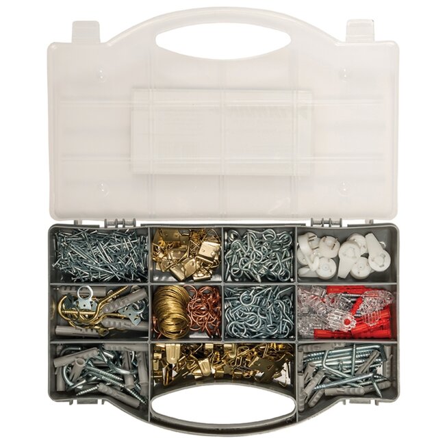 Fixman Ophangset assortimentsdoos - verzinkt en messingkleurig - 545-delig - diverse maten - fotolijsten en spiegels