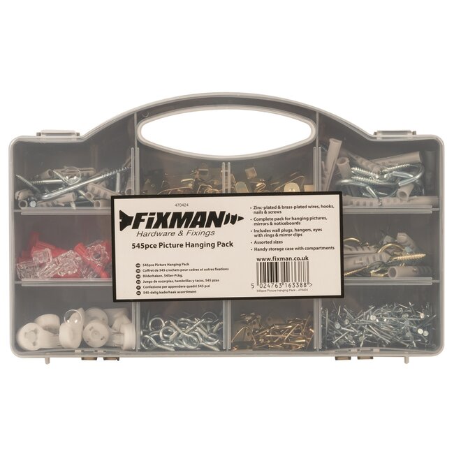 Fixman Ophangset assortimentsdoos - verzinkt en messingkleurig - 545-delig - diverse maten - fotolijsten en spiegels