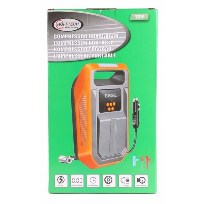 Hofftech Draagbare luchtcompressor - digitaal display - LED-licht - 12V - 10 bar
