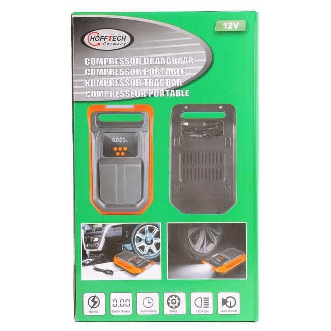 Hofftech Draagbare luchtcompressor - digitaal display - LED-licht - 12V - 10 bar