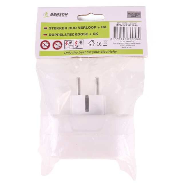 Benson Horizontale stopcontactsplitter - 2 weg - met randaarde - kinderbeveiliging - wit