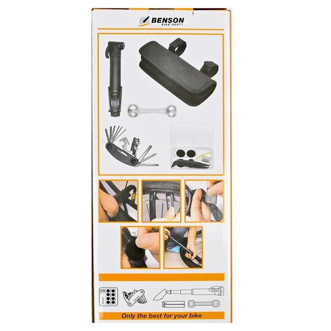 Benson Fiets reparatieset - Deluxe - 16-delig - Compact en veelzijdig - Inclusief minipomp en tas