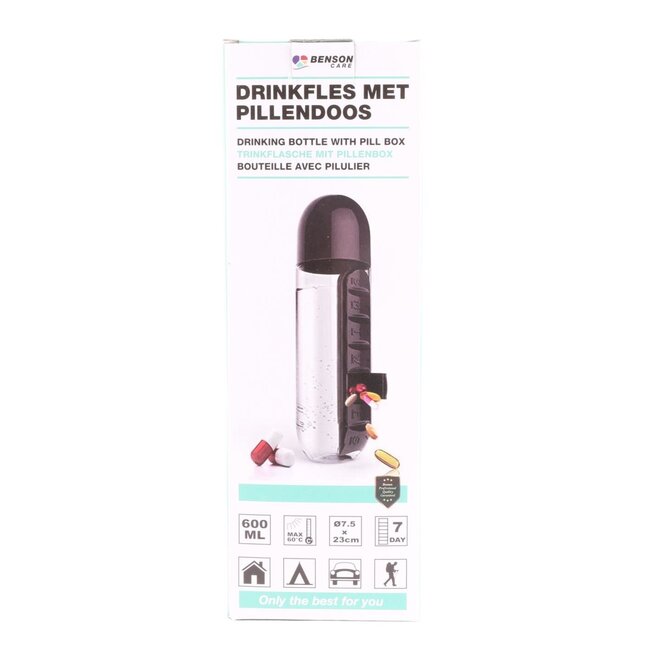 Benson Waterfles met uitneembare pillendoos - 600 ml - 7 vakken - Vaatwasserbestendig