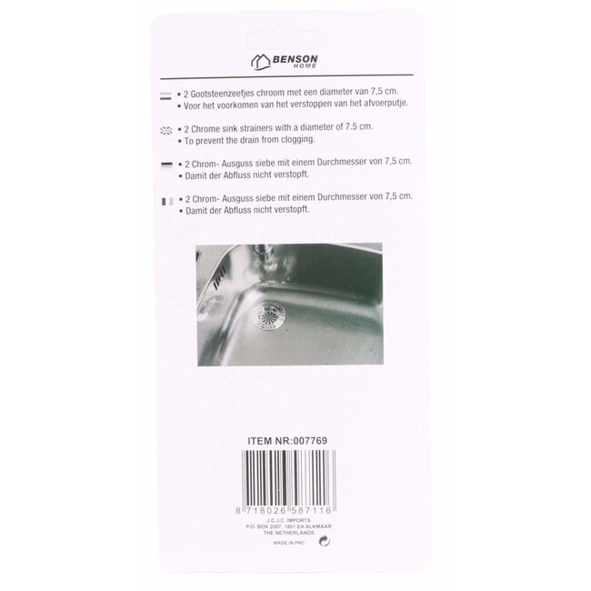 Benson Chroomkleurig gootsteenzeefje - set van 2 - voorkomt verstoppingen