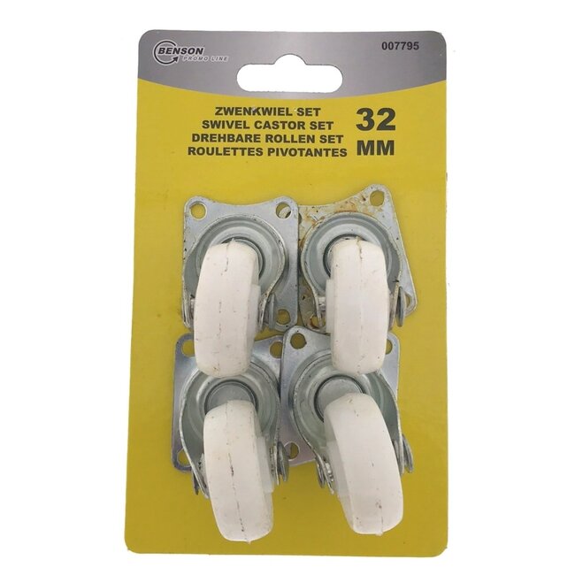 Benson Set zwenkwielen - 32 mm diameter - wit - 12 kg draagvermogen - 4 stuks