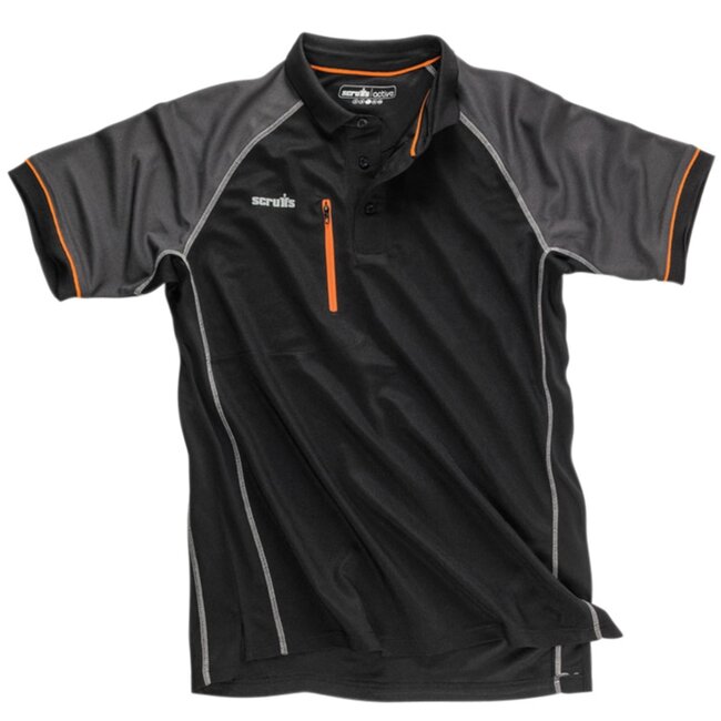 Scruffs Slim-fit werkpolo - zwart - sneldrogend - maat L - met borstzak en meshpanelen