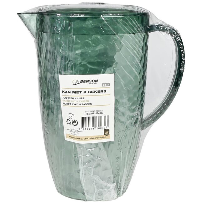 Benson Kan met Deksel 2 Liter + 4 Bekers – Duurzaam en Stijlvol voor Elke Gelegenheid