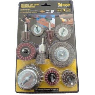 Benson Borstelset Boormachine 10-delig - Voor Ontbramen en Schuren - Max. 4500 RPM