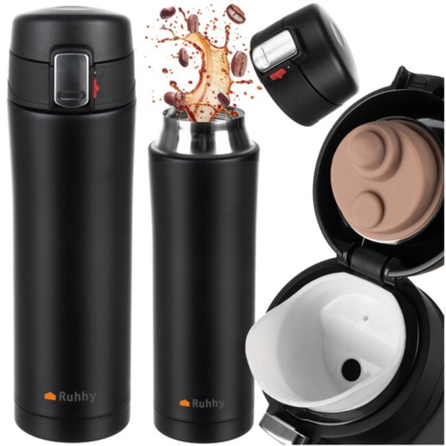 Ruhhy Thermosbeker 440ml - Dubbelwandig - Lekvrij - Mat Zwart